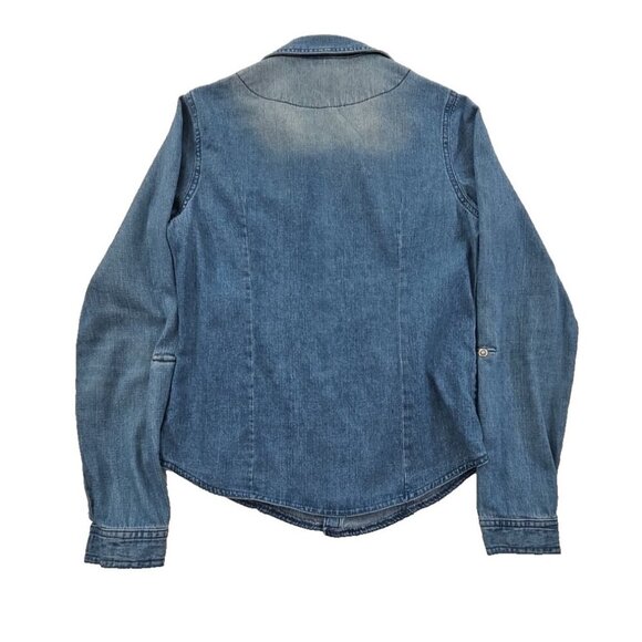 Passport Medium Wash Denim Shirt Women's Medium Pearl Snap Buttons EUC Western - Picture 2 of 14